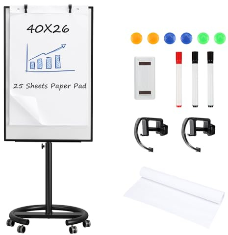 TANKEE Mobile Whiteboard Dry Erase - 40 x 26 Inches Portable Magnetic White Board Easel Flip Chart Stand with 25 Sheets Paper Pad