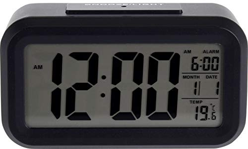 MIJOMA Digital väckarklocka 14 x 7 cm – stor LCD-skärm med bakgrundsbelysning och datumtemperatur – mjuk touch ABS med gummibeläggning – för sovrum och kontor (svart)