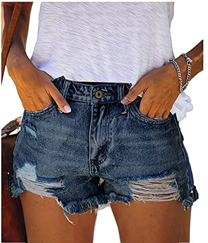 Bichingda Short en Jean décontracté pour Femme avec Ourlet effiloché déchiré et Poches, Noir foncé, Taille M