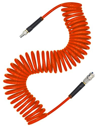 YOTOO Air Compressor Hose Polyurethane Recoil 10m Long 6mm ID x 9.5mm OD with Bend Restrictor, 1/4 Europe Quick Coupler and Plug, Orange