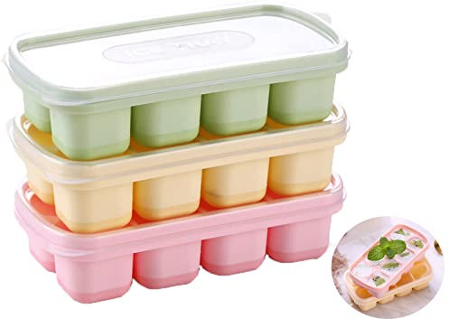 Ice Cube Trays 3PCS Reusable Silicone Ice Moulds with Removeable Lids BPA Free Summer Silicone Ice Molds for Whiskey Cocktails Water Drink Beer Freezer Home Kitchen Tools