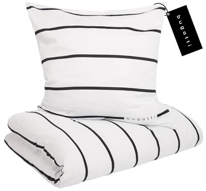 bugatti Bettwäsche 155x220 cm - Satinbettwäsche weiß/schwarz, 100% Baumwolle, 2 teilig mit Reißverschluss