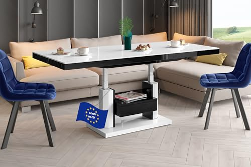 HM-120 Couchtisch Weiß Hochglanz / Schwarz Hochglanz ausziehbar höhenverstellbar 120/170cm Schublade modern Wohnzimmertisch Esstisch Beistelltisch Sofatisch platzsparend hochwertig Wohnzimmer