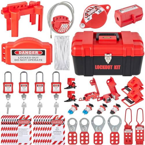 VEVOR Kit di Blocco di Sicurezza per Attrezzatura Elettrica Lucchetti 42 Pezzi, 5 Tipi di Serrature, Fermagli, Etichette e Fascette, Scatola, Kit di Strumenti di Serratura per Sicurezza Elettricista