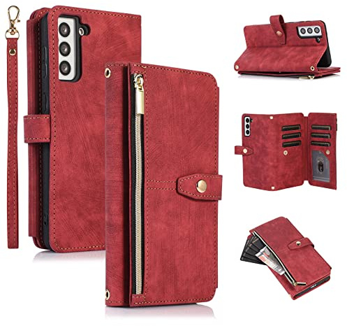 UEEBAI Étui pour Samsung Galaxy A34 5G, Portefeuille Cuir PU Rétro Rabat Antichoc Housse avec Dragonne Fentes Cartes Fonction Support Fermeture Magnétique Protection complète - Vintage Rouge