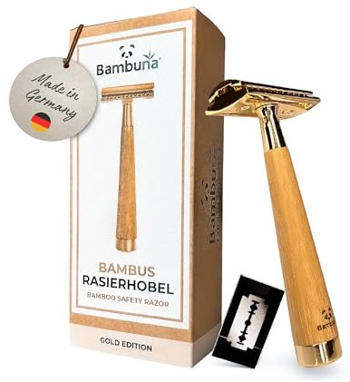 BAMBUNA Rasierhobel Herren & Damen inkl. 5 Klingen - Rasierhobel Set gold - Sicherheitsrasierer mit geschlossenem Kamm - Rasierhobel mit Bambusgriff - Plastikfrei & Nachhaltig+eBook - Made in Germany