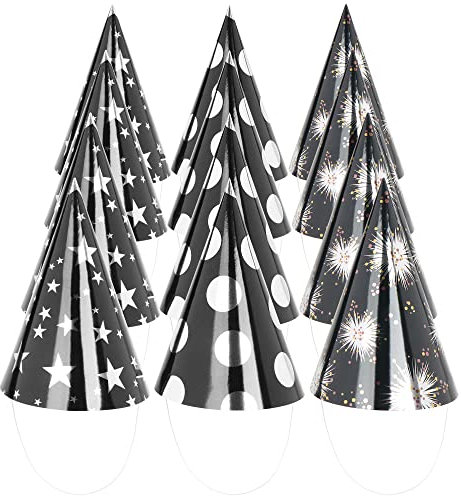 com-four® 12x cappello da festa - cappelli a cono neri in colori metallici - cappelli lucidi di Capodanno - copricapo per feste a tema, feste di Capodanno o compleanni (Cappellini da festa 12x)