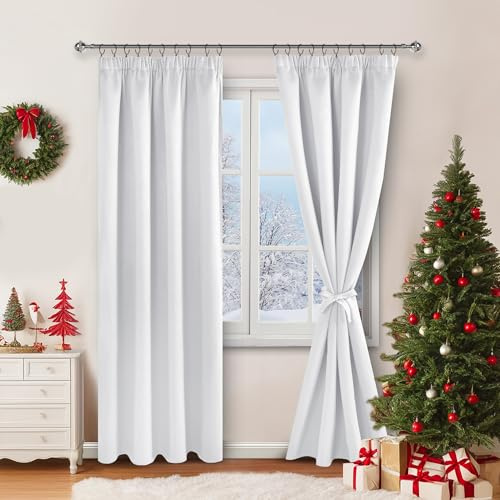 JIUZHEN Verdunklungsvorhänge Gardinen mit kräuselband Vorhang Blickdicht Weihnachten Vorhänge Wohnzimmer Gardinen Schlafzimmer Thermovorhang Weißgrau, H245 x B140 cm,2er Set