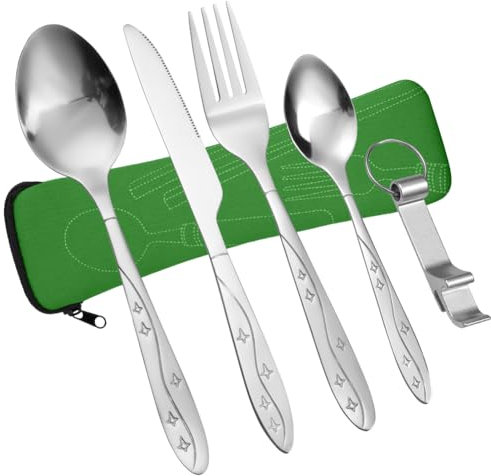 Vicloon Campingbesteck, 6 Stück Edelstahl Besteck, Reisebesteck Camping mit Gabel, Löffel, Flaschenöffner und Bestecktasche, Edelstahl Besteck für Reise Camping Picknick (Grüner-Stern)