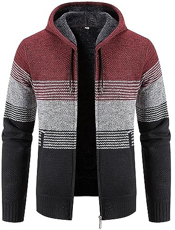 ZTRADA Tjock varm fleecekappa för män, randig dragkedja, huvtröja, pullover, herr, långärmad huvtröja, sweatshirt, stickad stickad tröja med fickor, UK storlek 10 20, Vinrött, 3XL