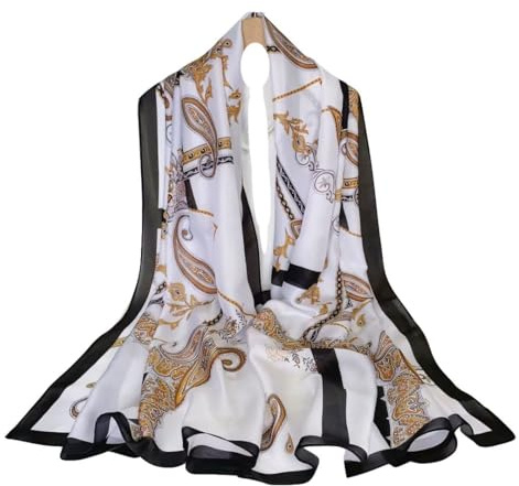 Weigeer Sciarpa di seta da donna in chiffon, scialle, con loto, sciarpa da collo lunga e avvolgente, sottile, da spiaggia, cintura, hijab, vintage, da sposa, panno colorato bianco verde, 180 x 90 cm,