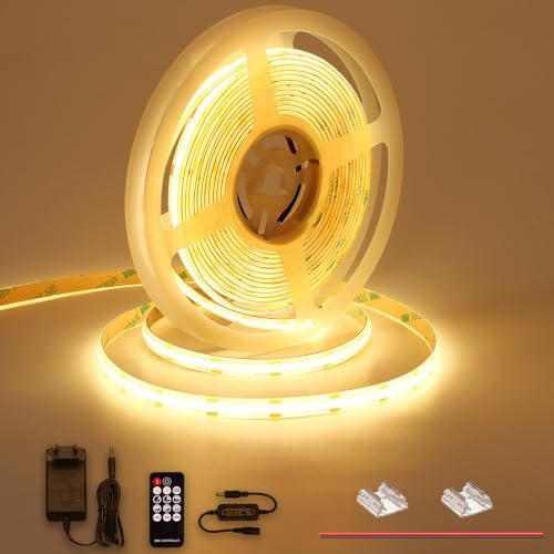 TOPAI COB LED Streifen 5M Warmweiß 2700K Dimmbar Set Wasserdicht IP65 | CRI>90, 480LEDs/M, Selbstklebend, Flexibel, Schneidbar, mit CE Netzteil, RF Fernbedienung,für Küche,Wohnzimmer