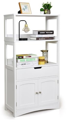 HOMASIS Regal mit 2 Türen, freistehendes Bücherregal mit 2 offenen Holzregalen, vertikales Regal für Wohnzimmer, Schlafzimmer, Büro, 60 x 32,5 x 122 cm (weiß)