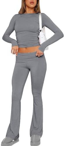 ABINGOO Tuta da Donna Casual 2 Pezzi a Maniche Lunghe Aderente Crop Top Svasati a Vita Bassa Pantaloni Lounge Set Yoga Tuta(Grigio,S)