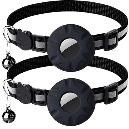 Airtag Katzenhalsband, 2 Pack Reflektierend Katzenhalsbänder mit Airtag Hülle und Glocke, Integriertes Katzenhalsband mit Sicherheitsschnalle für Kätzchen Welpen