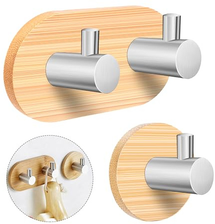 Haken Selbstklebend, Holz Handtuchhaken 304 Edelstahl & Bambus, Ohne Bohren Wandhaken Wasserfeste Klebehaken Wand für Badezimmer Küche Toilette (2 Stück)