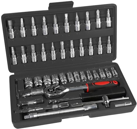 Sleeleece Steckschlüssel Satz 46-teilig 1/4 Zoll Nüsse Knarrenkasten Ratschenkasten mit Umschaltknarre, Ratschen, Steckschlüssel, Bitsatz Knarrenkasten Nuss Set in stabilem Kunststoffkoffer