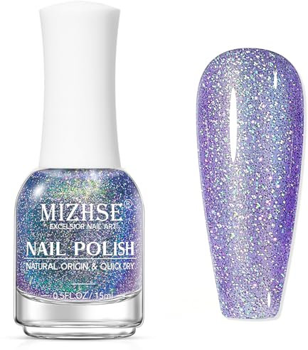 MIZHSE Nagellack Glitter Nagellack Schnelltrocknend Oil Based Nail Polish Gel Nagellack Ohne UV Lampe Nagellack Langanhaltend Formel die Schnell Trocknet, Nagellack Lila Starlight - 1 x 15 ml