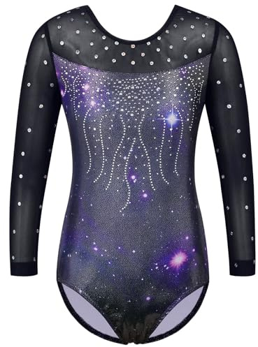 ZNYUNE Langärmeliger Gymnastikanzug für Mädchen, glitzernd, Tanzen, athletischer Gymnastikanzug für Mädchen, 285, Marineblau, Galaxy 14A