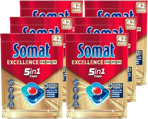 Somat Excellence Premium 5in1 Caps, 252 Caps (6x 42 Caps), schnellauflösende Spülmaschinentabs mit Extra Boost, Somat Caps entfernen selbst 72 h eingetrocknete, hartnäckige Essensreste