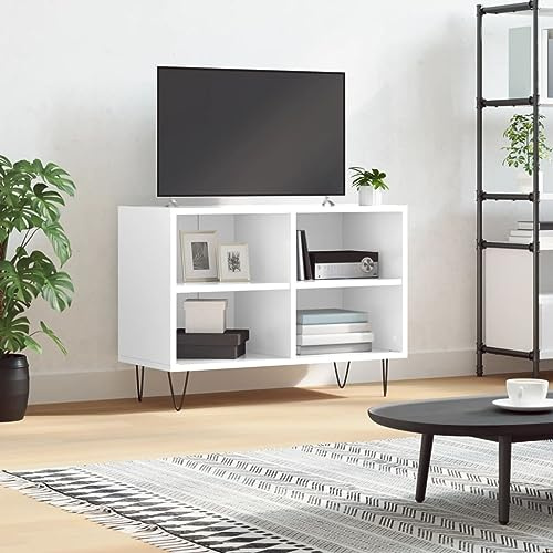 Natulvd Kleiner TV-Ständer, Eck-TV-Schrank, 69,5 x 30 x 50 cm, Entertainment-Center mit offenem Stauraum und Metallbeinen für Wohnzimmer, Schlafzimmer (B-Beine, Weiß glänzend)
