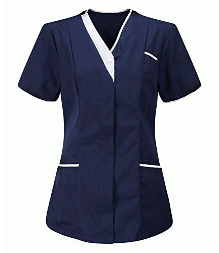 Uniforme Médicale Blouse Infirmière Femme Professionnelle Col en V Couleur Unie Manche Courte Tunique Tee Shirt de Travail Esthéticienne 2 Poches