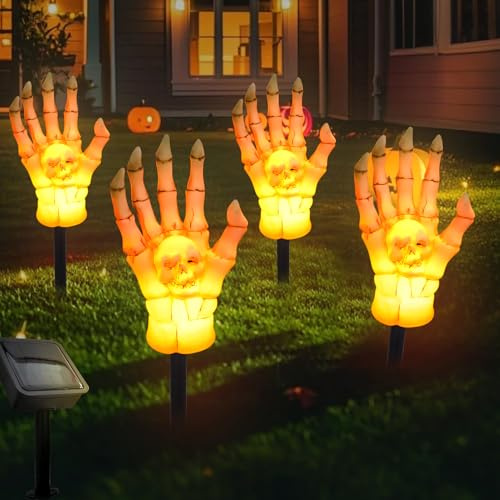 Halloween Deko Solarlampen für Außen Garten Leuchtende Skelett Hände LED Solar Gartenleuchten,Halloween Dekoration Schädel Hände Solarlampen für Outdoor Gartenlampe Rasen Gehweg Landschaft (Flamme)