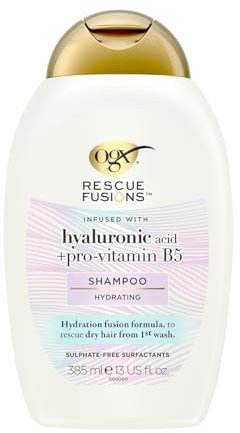 OGX Rescue Fusions Shampoo (385 ml), tratamiento hidratante cabello con ácido hialurónico y provitamina B5, champú para reparar el pelo dañado, fórmula sin sulfatos