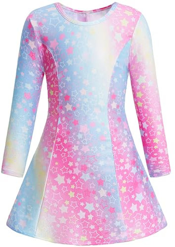 Gogokids Mädchen Eiskunstlauf Kleid, Langarm Eislaufkleider mit Druckmuster, Kinder Ballettkleid, Tanzkleid für Eiskunstlauf Gymnastik Ballett Wettbewerb Performance