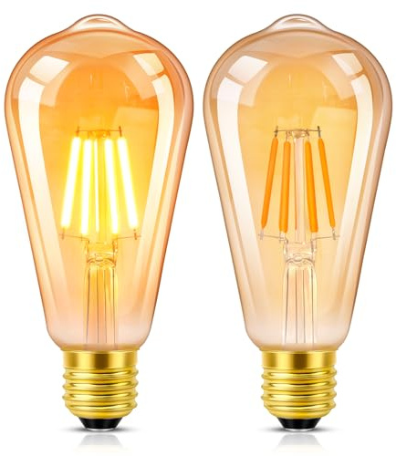 Morotty E27 Vintage Edison Screw Bulbs 6W Decorative Light Bulb | Warm White 2700K ST64 Led Filament Amber Glass,60w Equivalent,400lm,Non-Dimmable,Pack of 2