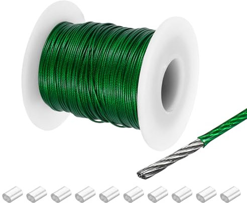 sourcing map Cuerda de alambre de 50 m, cable de acero inoxidable 304 de 0,8 mm, revestimiento de vinilo con 10 fundas de aluminio para colgar, tendederos, levantamiento de ropa, color verde