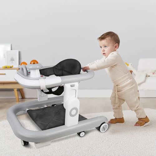 Lauflernhilfe für Babys, 5-in-1, Höhe verstellbar in 5 Positionen, abnehmbares Kissen, Lauflernhilfe für Babys, Mädchen, Jungen, 6-18 Monate, klappbarer Schieber mit Musik, Grau