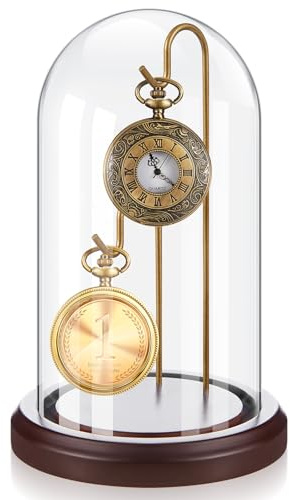 Beeveer 4 x 7 Inch Pocket Watch Glass Display Dome Cloche with 2 Hooks Clear Pocket Watch Display Case Stand Glass Cloche Showcase with Wooden Base for Ornaments Medals Photos Collectibles