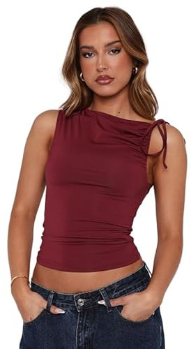 Sukiglam Débardeur Femme Sexy sans Manches Été Hauts Chic et Élégant Crop Tops Asymétrique Chemises Moulantes Épaules Dénudées Y2K Top Adjustable Strap Ruched Blouse Col Bateau Shirt