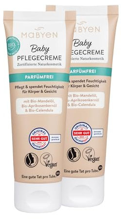 MABYEN Baby Pflegecreme 2er Set (2 x 75 ml) – Parfümfrei, mit Bio-Mandelöl, zertifizierte Naturkosmetik, vegan, sanfte Pflege für empfindliche Babyhaut, dermatologisch getestet