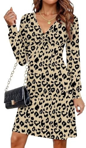MOLERANI Dresses for Women UK V Neck Long Sleeve Casual Plain Midi Dress Knotted Front Dresses Leopard XL No complimentary Belt