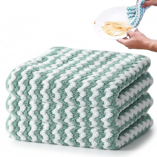 Muzrunq Strofinacci in pile di corallo 10x10 pollici, strofinacci da cucina riutilizzabili per lavare i piatti, panni in microfibra altamente assorbenti per superfici della cucina, 3 pezzi, stile-1