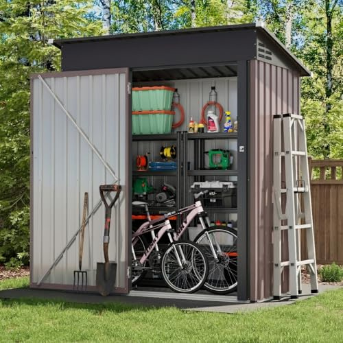 UDPATIO Abri de Jardin Métal 164x101x181 cm - Cabane de Jardin Extérieur avec Toit Incliné et Serrure, Rangement Outils de Jardin/Vélo, Marron