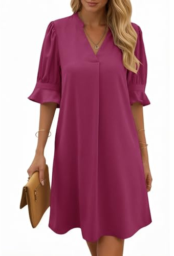 Cicy Bell Abito Estivo da Donna con Scollo a V e Volant, Lunghezza al Ginocchio, per Il Tempo Libero, Tinta Unita, Casual, Rosa., M