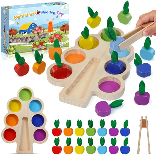 HaoVrisn Montessori Spielzeug ab 1 2 Jahr, Feinmotorik Holzspielzeug Farbsortierung Apfel Klemmen Spiel, Baby Sensorik Motorikspielzeug ab 1 Jahr, Geschenk 1 2 3 Jahre