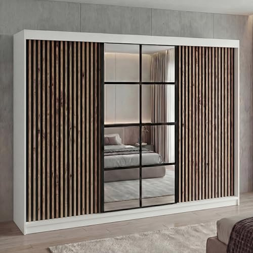 A&J MöbelLand Schwebetürenschrank NORIVO Kleiderschrank 200 cm mit Spiegel & Holzlamellen