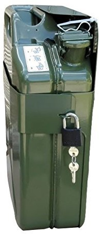 Kanisterhalter für 20L Metallkanister – stabile Halterung für Benzinkanister mit Schlossaufnahme – Kreuzbefestigung mit Gurten – pulverbeschichtet RAL 6003 Olivgrün