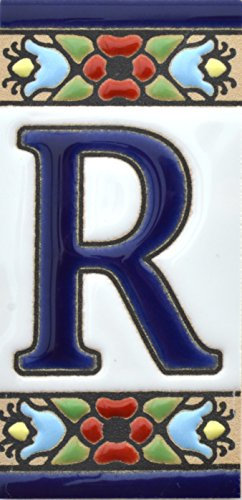 Schilder mit Zahlen und Nummern auf Keramikkachel. Handgemalte Kordeltechnik fuer Schilder mit Namen, Adressen und Wegweisern. Design FLORES MINI 7,3 cm x 3,5 cm (BUCHSTABEN R)