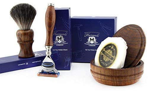4 PCs Wooden Shaving Set with 5 Edge Razor, Pure Badger Hair Brush, Soap & Bowl