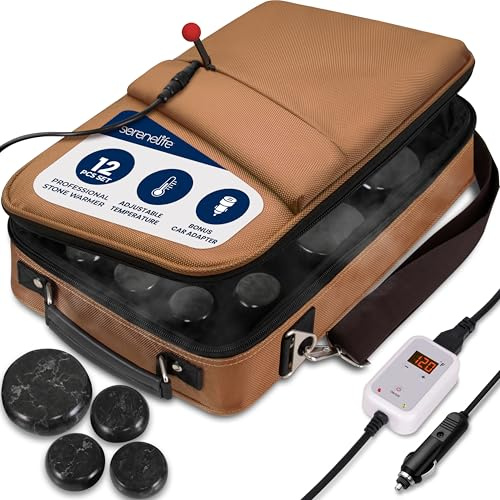 SereneLife Kit Spa 12 Piedras Basalto Calientes, Bolsa Calefactora 30-70°C
