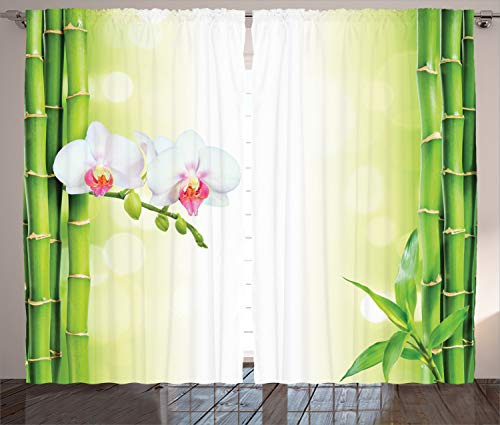 ABAKUHAUS Spa Rustikaler Gardine, Orchideen Bambuszweige, Schlafzimmer Kräuselband Vorhang mit Schlaufen und Haken, 280 x 175 cm, Grün Weiß