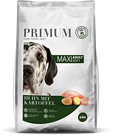 PRIMUM – Soft Maxi Adult | Halbfeuchtes Hundefutter mit 70% frischem Fleisch für große, ausgewachsene Hunde. Getreidefreies Alleinfutter ohne Zusatzstoffe im Beutel | 5kg Huhn mit Kartoffel