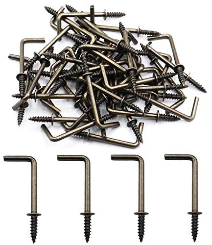 IDEALSV Antique Brass 1-1/4 Inch L Shape Screw Hooks - Vintage Bronze Right Angle Medal Hooks (50 Pack)