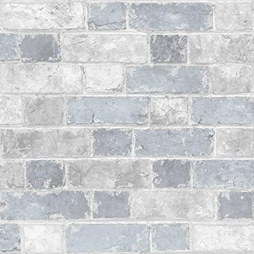 Muriva Rustic Brick Wall-Effect Wallpaper – Blue & Light Grey, Paste-The-Paper Roll 0.53 m × 10 m (5.3 m²) – Realistic Brick Wall Look for Bedroom, Living Room & Boy Girl Kids Children Feature Room