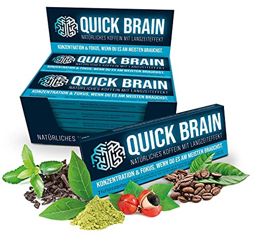 Quick Brain, Natürliches Koffein mit Langzeiteffekt (70 Stk.) – 80mg Koffein, Mate + Guaraná + Grüntee + Kaffeebohnen – Made in Germany + vegan